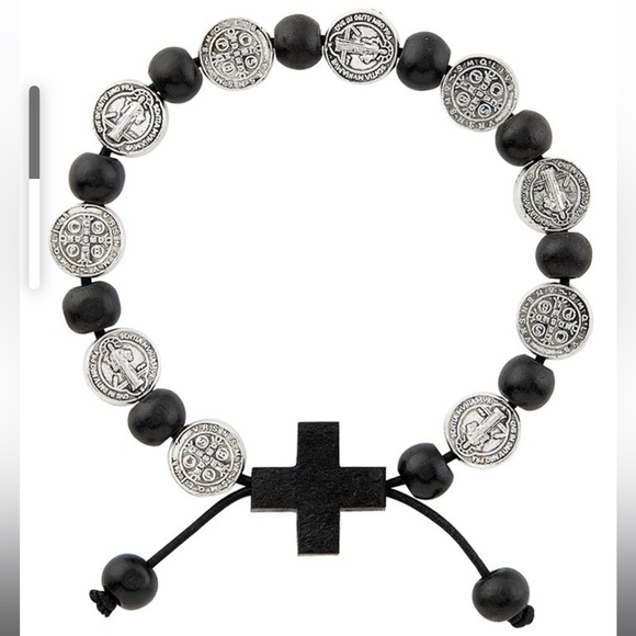 Saint Benedict medals rosary bracelet 7” black beads, silver tone, black cross - Picture 1 of 1